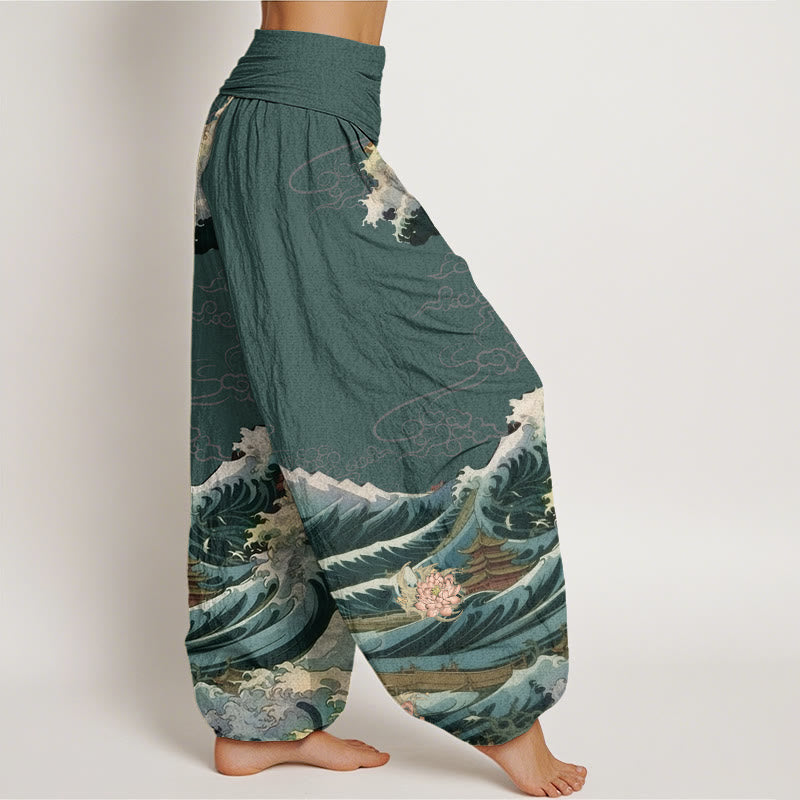 Cotton Casual Blooming Lotuse Wave Pavilion Pattern Women's Elastic Waist Harem Pants