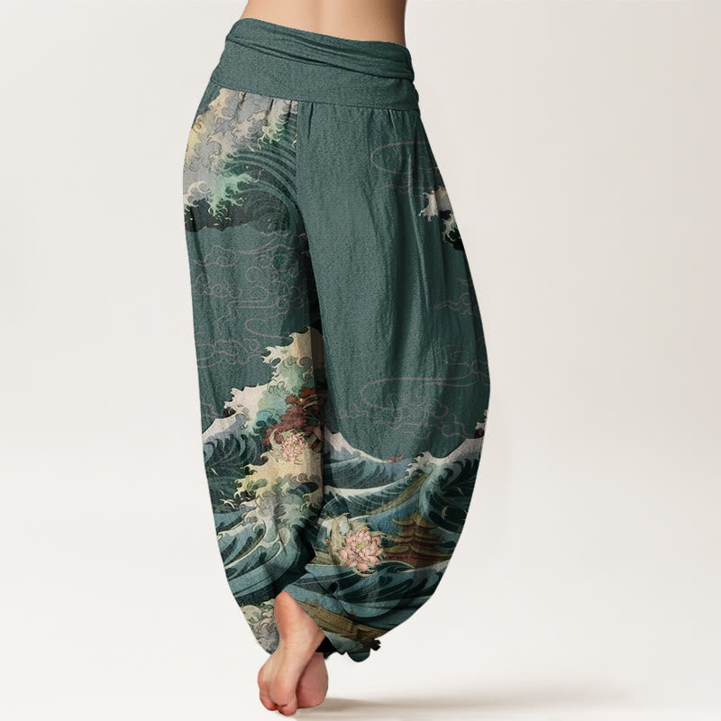 Cotton Casual Blooming Lotuse Wave Pavilion Pattern Women's Elastic Waist Harem Pants