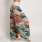 Cotton Casual Blossoming Tree Koi Fish Wave Mountain Pattern Women's Elastic Waist Harem Pants