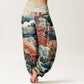 Cotton Casual Blossoming Tree Koi Fish Wave Mountain Pattern Women's Elastic Waist Harem Pants