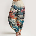 Cotton Casual Blossoming Tree Koi Fish Wave Mountain Pattern Women's Elastic Waist Harem Pants