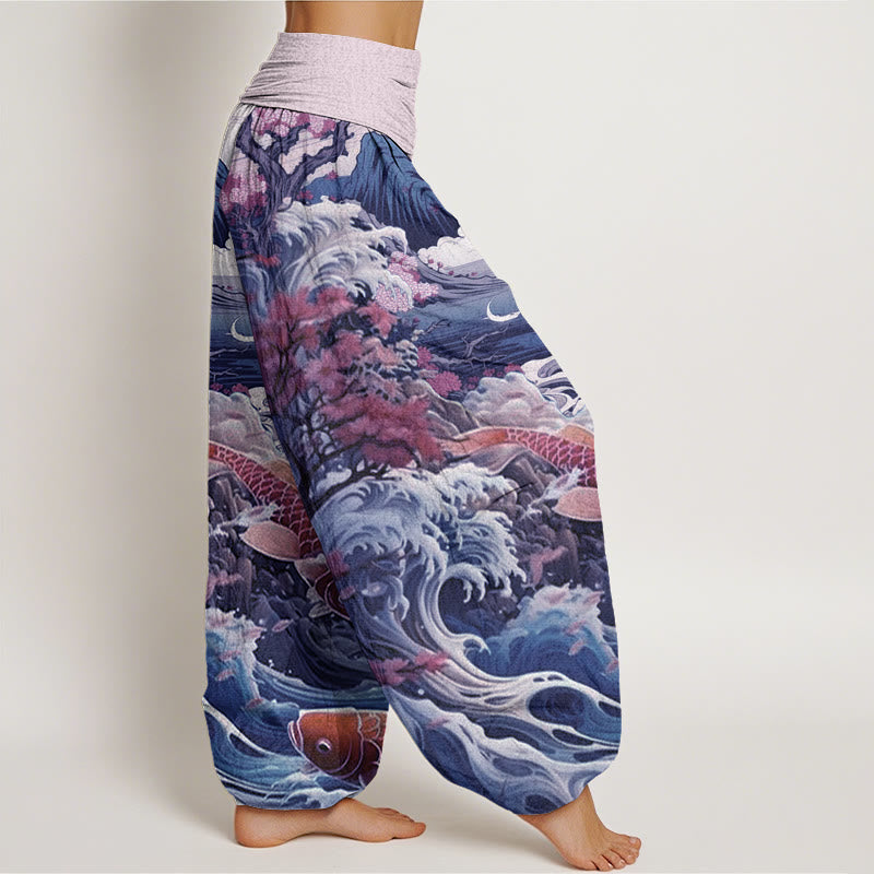 Cotton Casual Blossoming Tree Koi Fish Wave Mountain Pattern Women's Elastic Waist Harem Pants
