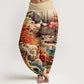 Cotton Casual Blossoming Tree Koi Fish Wave Mountain Pattern Women's Elastic Waist Harem Pants