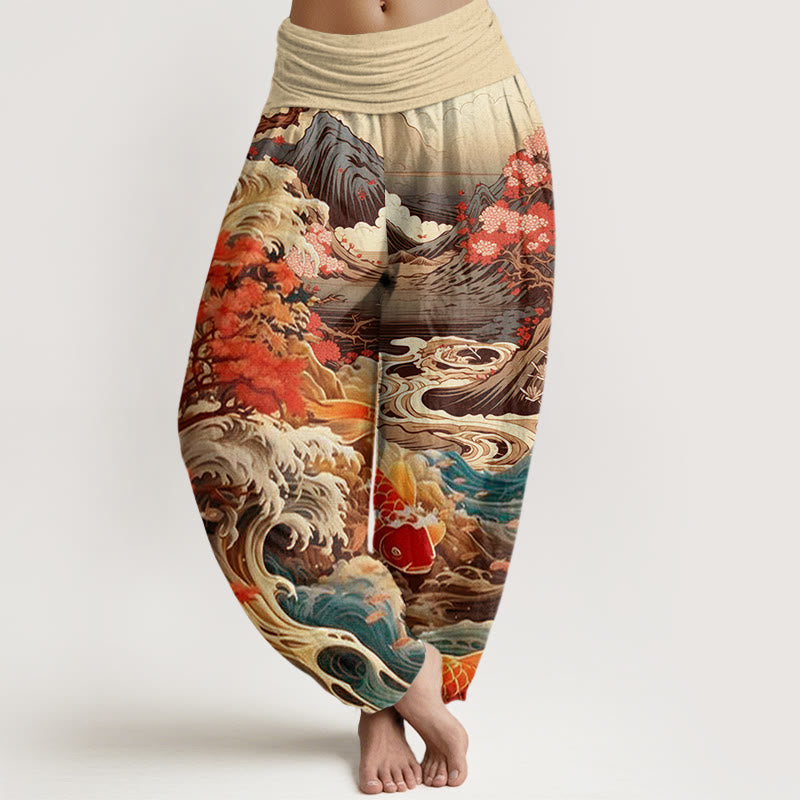 Cotton Casual Blossoming Tree Koi Fish Wave Mountain Pattern Women's Elastic Waist Harem Pants