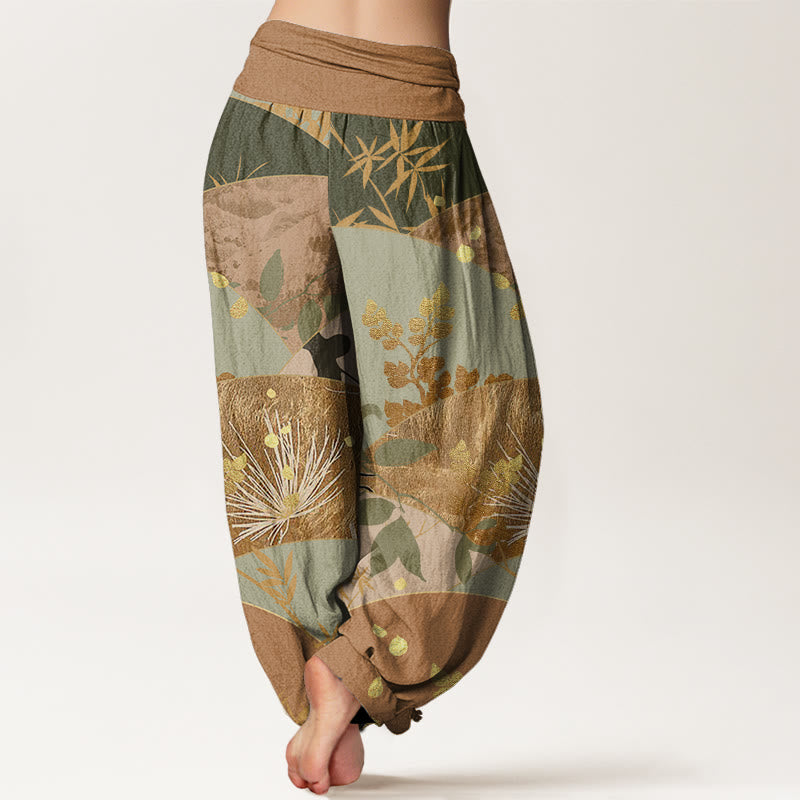 Cotton Semicircle Leaves Pattern Women's Elastic Waist Harem Pants