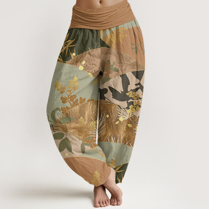 Cotton Semicircle Leaves Pattern Women's Elastic Waist Harem Pants