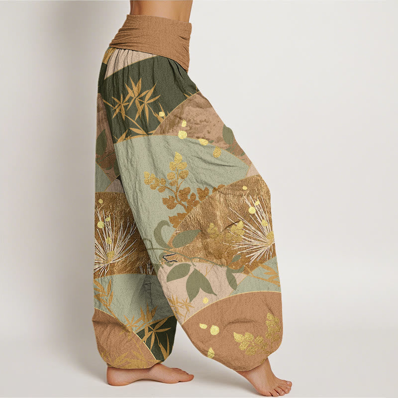 Cotton Semicircle Leaves Pattern Women's Elastic Waist Harem Pants