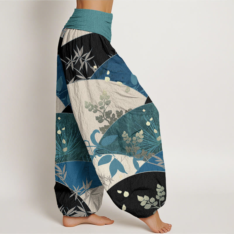 Cotton Semicircle Leaves Pattern Women's Elastic Waist Harem Pants