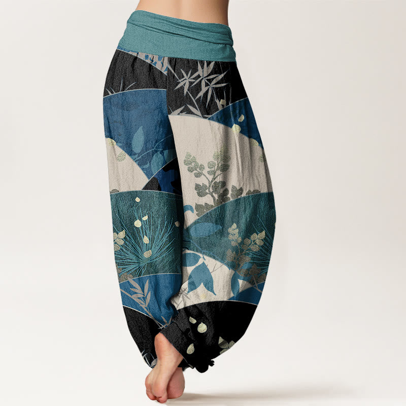 Cotton Semicircle Leaves Pattern Women's Elastic Waist Harem Pants