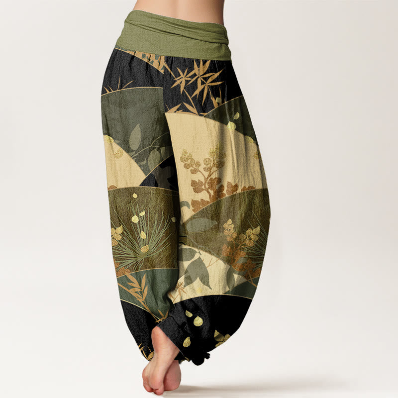 Cotton Semicircle Leaves Pattern Women's Elastic Waist Harem Pants