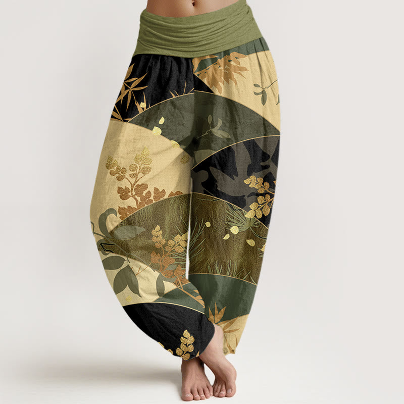 Cotton Semicircle Leaves Pattern Women's Elastic Waist Harem Pants