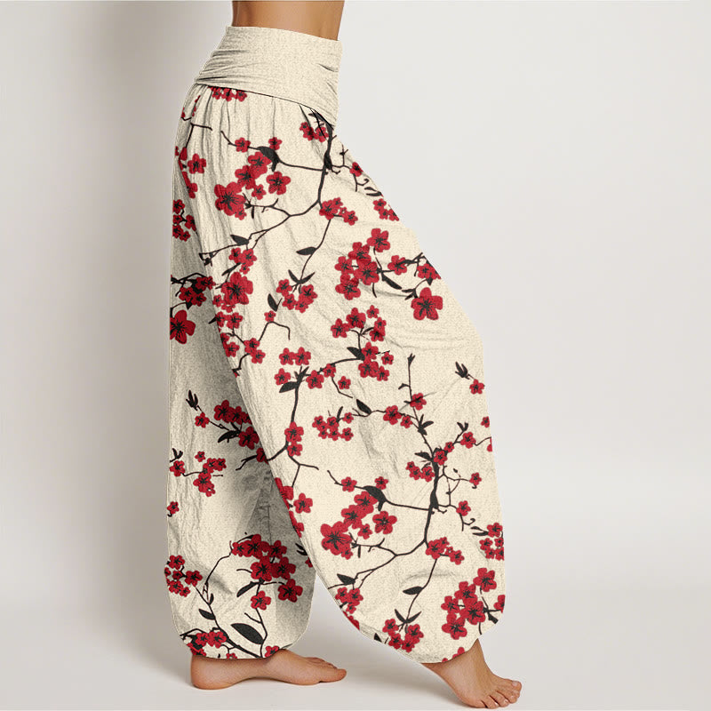 Cotton Red Peach Blossom Pattern Women's Elastic Waist Harem Pants