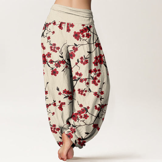 Cotton Red Peach Blossom Pattern Women's Elastic Waist Harem Pants