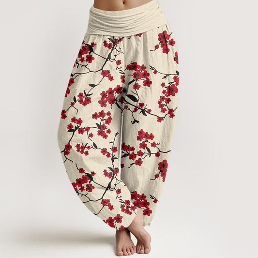Cotton Red Peach Blossom Pattern Women's Elastic Waist Harem Pants