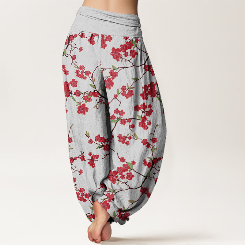Cotton Red Peach Blossom Pattern Women's Elastic Waist Harem Pants