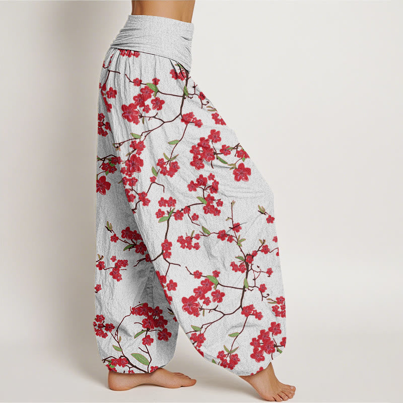 Cotton Red Peach Blossom Pattern Women's Elastic Waist Harem Pants