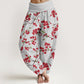 Cotton Red Peach Blossom Pattern Women's Elastic Waist Harem Pants