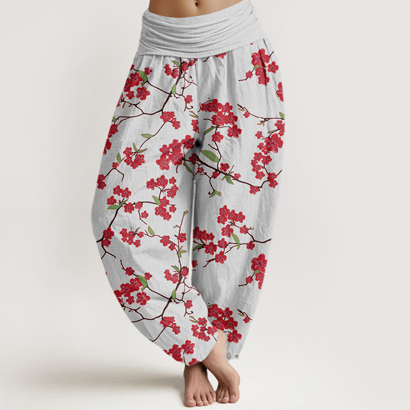 Cotton Red Peach Blossom Pattern Women's Elastic Waist Harem Pants