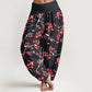 Cotton Red Peach Blossom Pattern Women's Elastic Waist Harem Pants