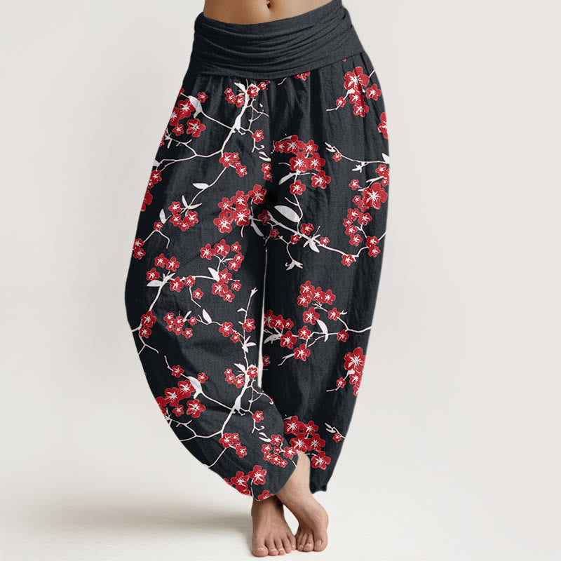 Cotton Red Peach Blossom Pattern Women's Elastic Waist Harem Pants