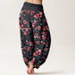 Cotton Red Peach Blossom Pattern Women's Elastic Waist Harem Pants