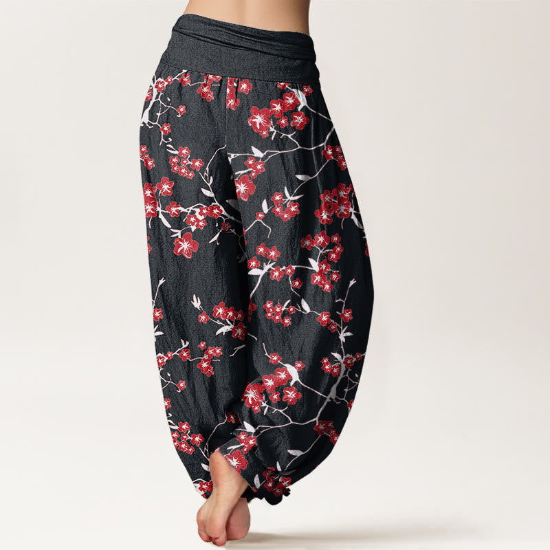 Cotton Red Peach Blossom Pattern Women's Elastic Waist Harem Pants