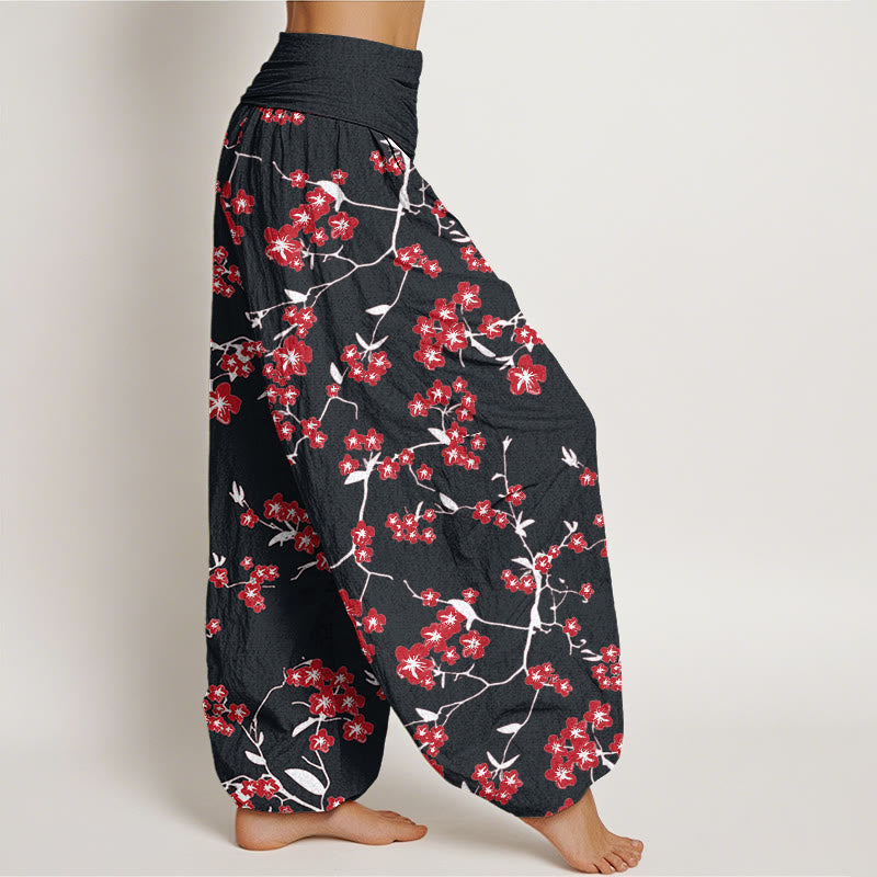 Cotton Red Peach Blossom Pattern Women's Elastic Waist Harem Pants