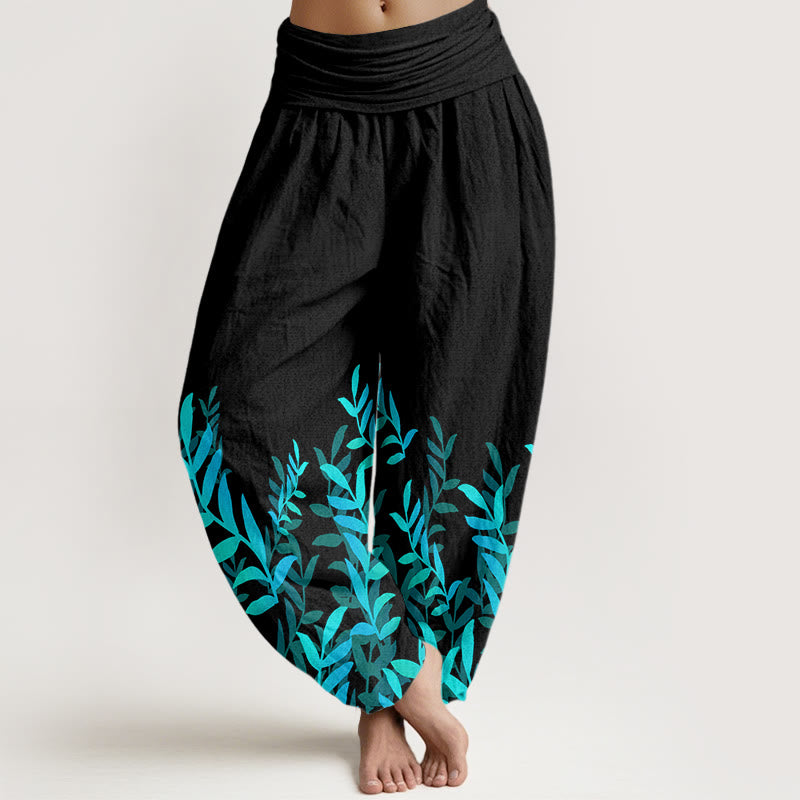 Cotton Casual Leaves Pattern Women's Elastic Waist Harem Pants