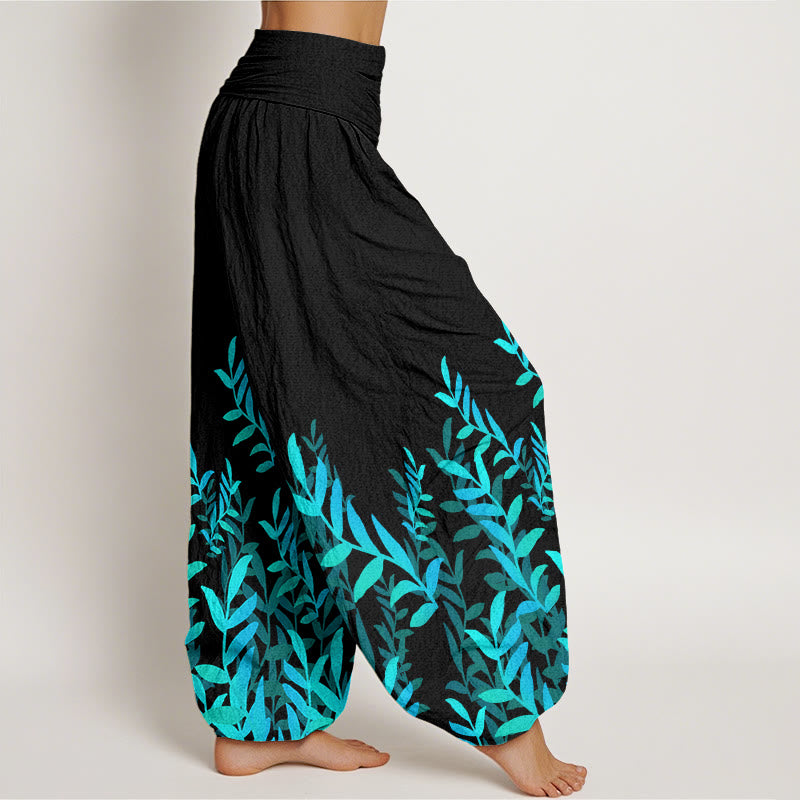 Cotton Casual Leaves Pattern Women's Elastic Waist Harem Pants