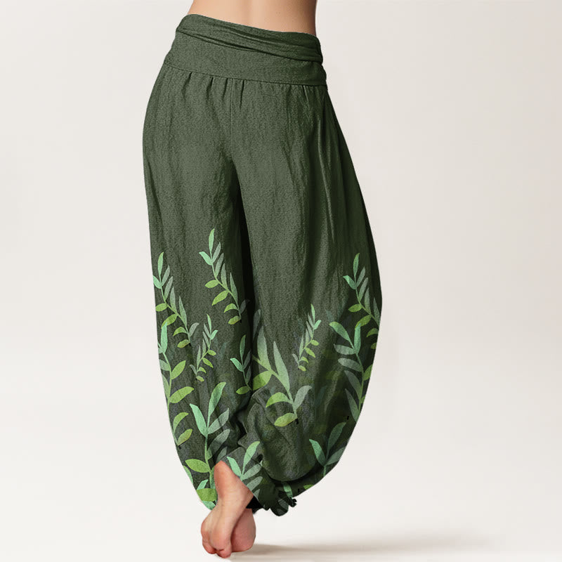 Cotton Casual Leaves Pattern Women's Elastic Waist Harem Pants