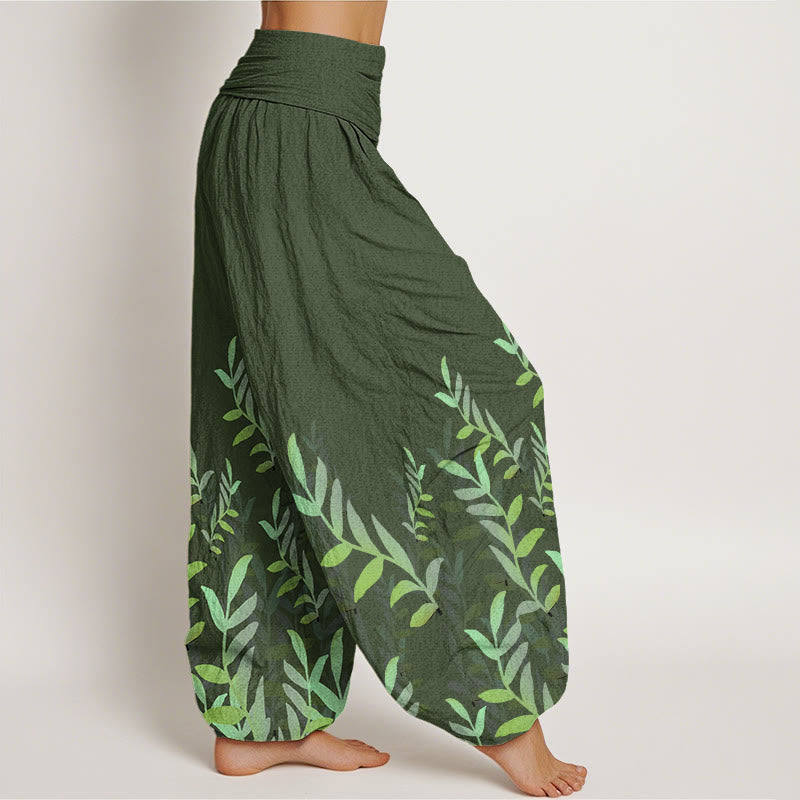 Cotton Casual Leaves Pattern Women's Elastic Waist Harem Pants