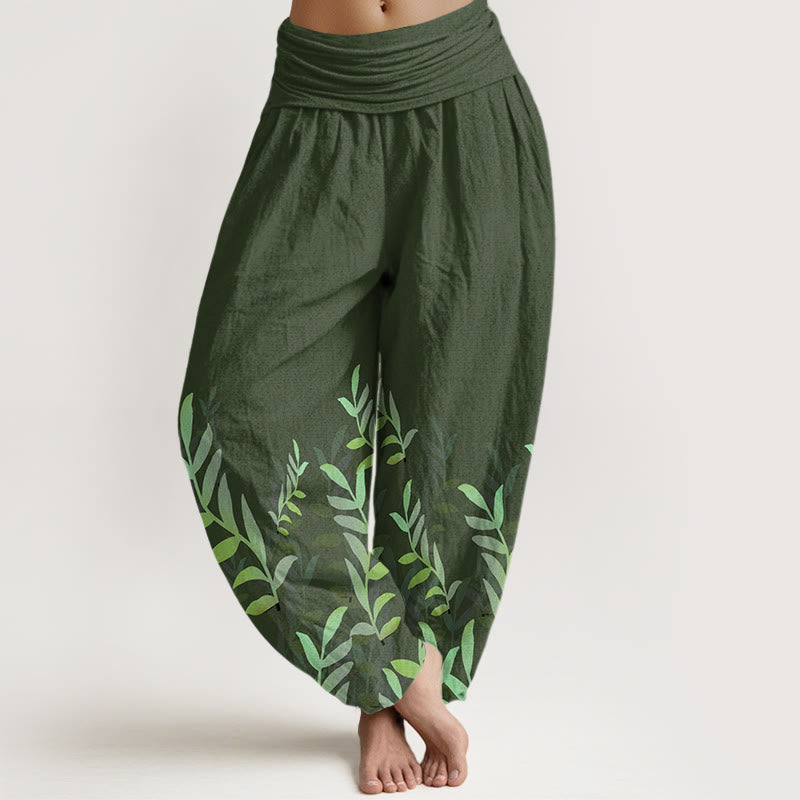 Cotton Casual Leaves Pattern Women's Elastic Waist Harem Pants