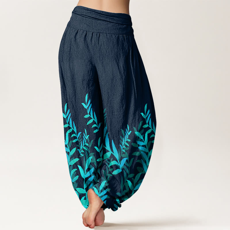 Cotton Casual Leaves Pattern Women's Elastic Waist Harem Pants