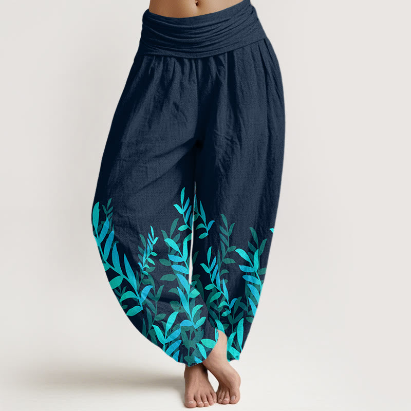 Cotton Casual Leaves Pattern Women's Elastic Waist Harem Pants