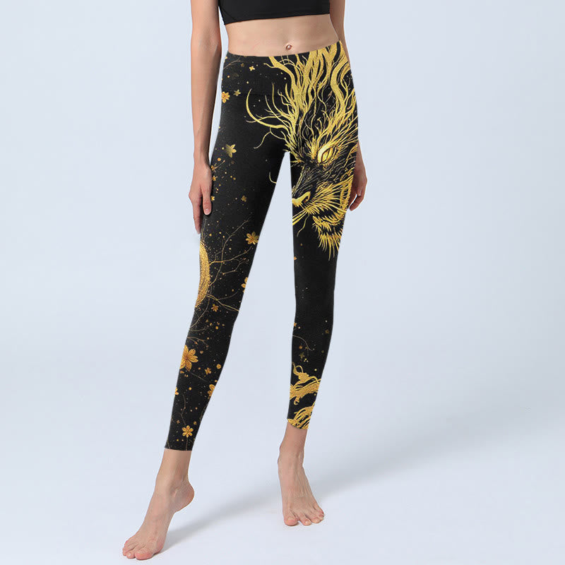 Golden Dragon Pattern Print Gym Leggings Women's Yoga Pants