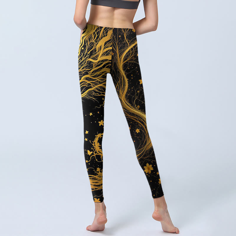 Golden Dragon Pattern Print Gym Leggings Women's Yoga Pants