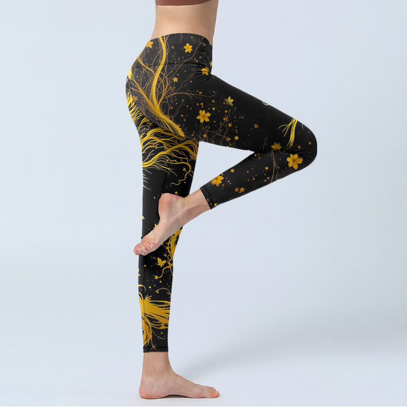 Golden Dragon Pattern Print Gym Leggings Women's Yoga Pants
