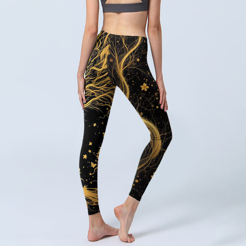 Golden Dragon Pattern Print Gym Leggings Women's Yoga Pants