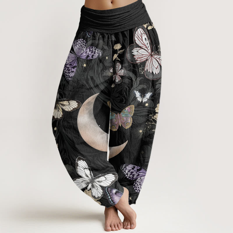 Cotton Butterfly Flowers Crescent Moon Pattern Design Women's Elastic Waist Harem Pants