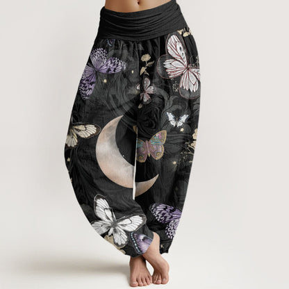 Cotton Butterfly Flowers Crescent Moon Pattern Design Women's Elastic Waist Harem Pants