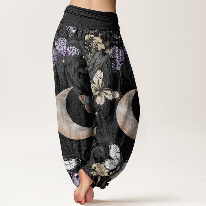Cotton Butterfly Flowers Crescent Moon Pattern Design Women's Elastic Waist Harem Pants