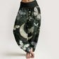 Cotton Butterfly Flowers Crescent Moon Pattern Design Women's Elastic Waist Harem Pants