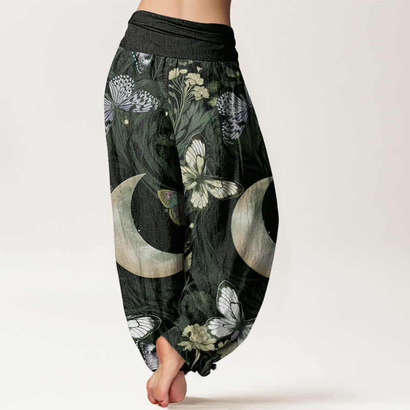 Cotton Butterfly Flowers Crescent Moon Pattern Design Women's Elastic Waist Harem Pants