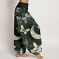 Cotton Butterfly Flowers Crescent Moon Pattern Design Women's Elastic Waist Harem Pants