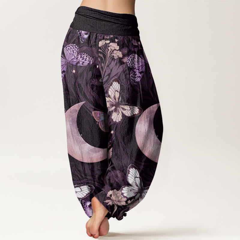 Cotton Butterfly Flowers Crescent Moon Pattern Design Women's Elastic Waist Harem Pants