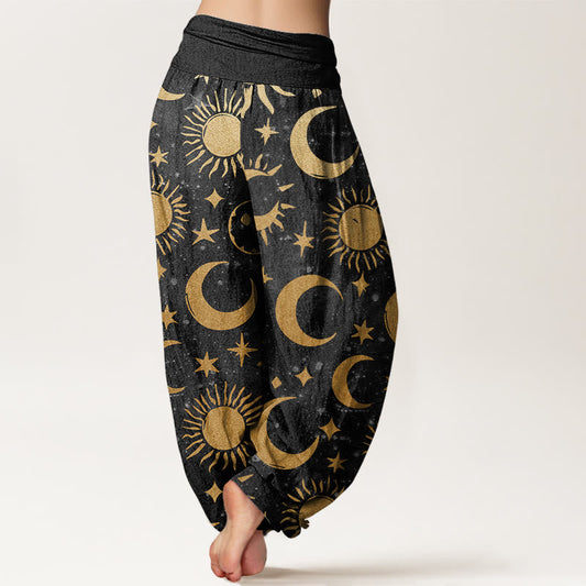 Cotton Crescent Moon Sun Stars Pattern Design Women's Elastic Waist Harem Pants