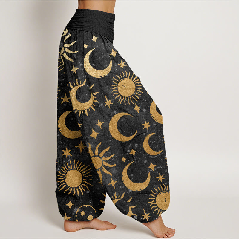 Cotton Crescent Moon Sun Stars Pattern Design Women's Elastic Waist Harem Pants