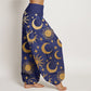 Cotton Crescent Moon Sun Stars Pattern Design Women's Elastic Waist Harem Pants