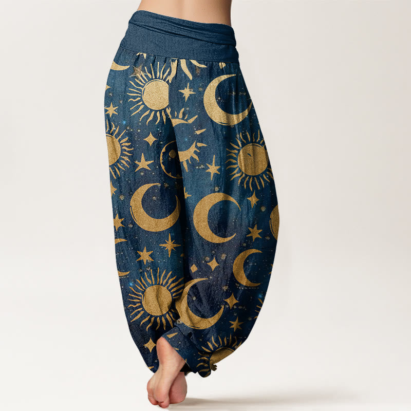 Cotton Crescent Moon Sun Stars Pattern Design Women's Elastic Waist Harem Pants