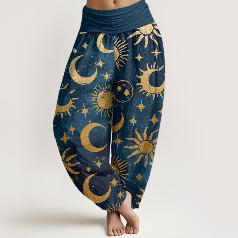 Cotton Crescent Moon Sun Stars Pattern Design Women's Elastic Waist Harem Pants